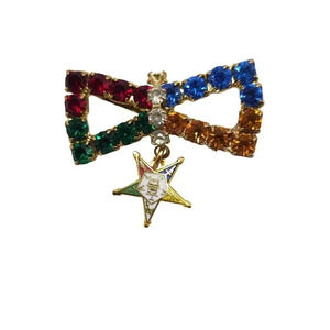Order Of The Eastern Star Brooch With Colorful Rhinestones & Hanging Star Charm